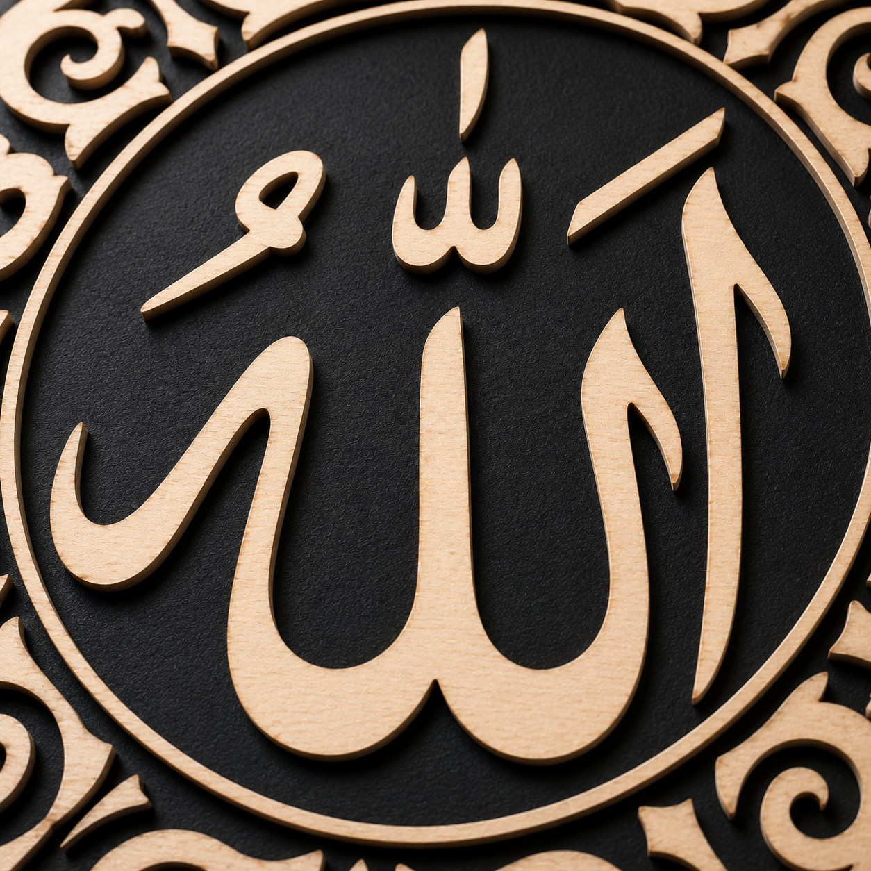Close-up of the handcrafted Allah Remembrance Plaque showcasing layered premium wood Arabic calligraphy and detailed craftsmanship.