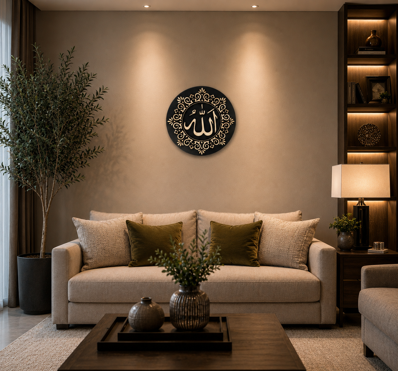 Allah Remembrance Plaque displayed as elegant Islamic wall décor in a modern living room, handcrafted from layered premium wood.