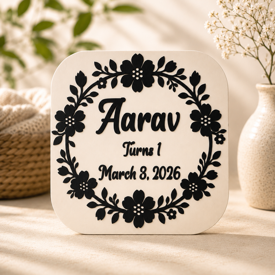Personalized Birthday Bloom Keepsake featuring a custom name, age, birth date, elegant floral wreath, and handcrafted layered wooden design.
