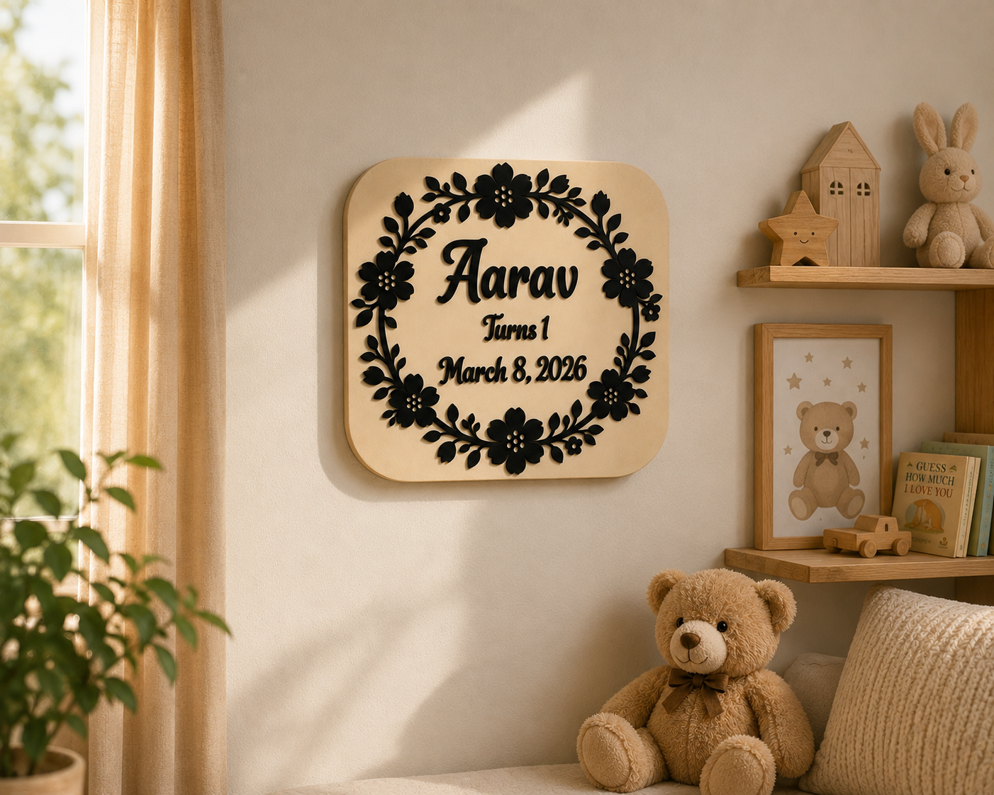 Personalized Birthday Bloom Keepsake displayed on a nursery wall with custom name, age, birth date, and layered floral wreath handcrafted from premium wood.