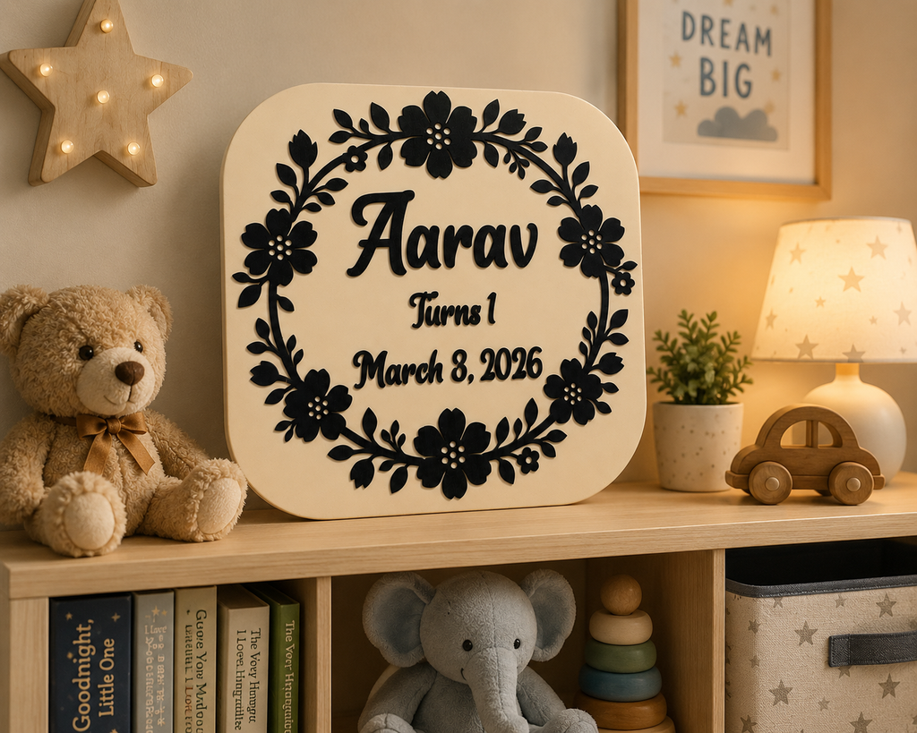 Personalized Birthday Bloom Keepsake displayed in a nursery with custom name, birth date, floral wreath, and handcrafted layered wooden design.