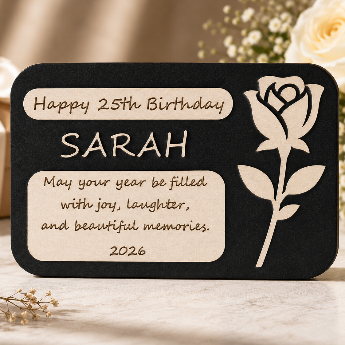 Handcrafted Birthday Rose Plaque featuring a personalized name, birthday message, elegant rose design, and layered premium wood craftsmanship.