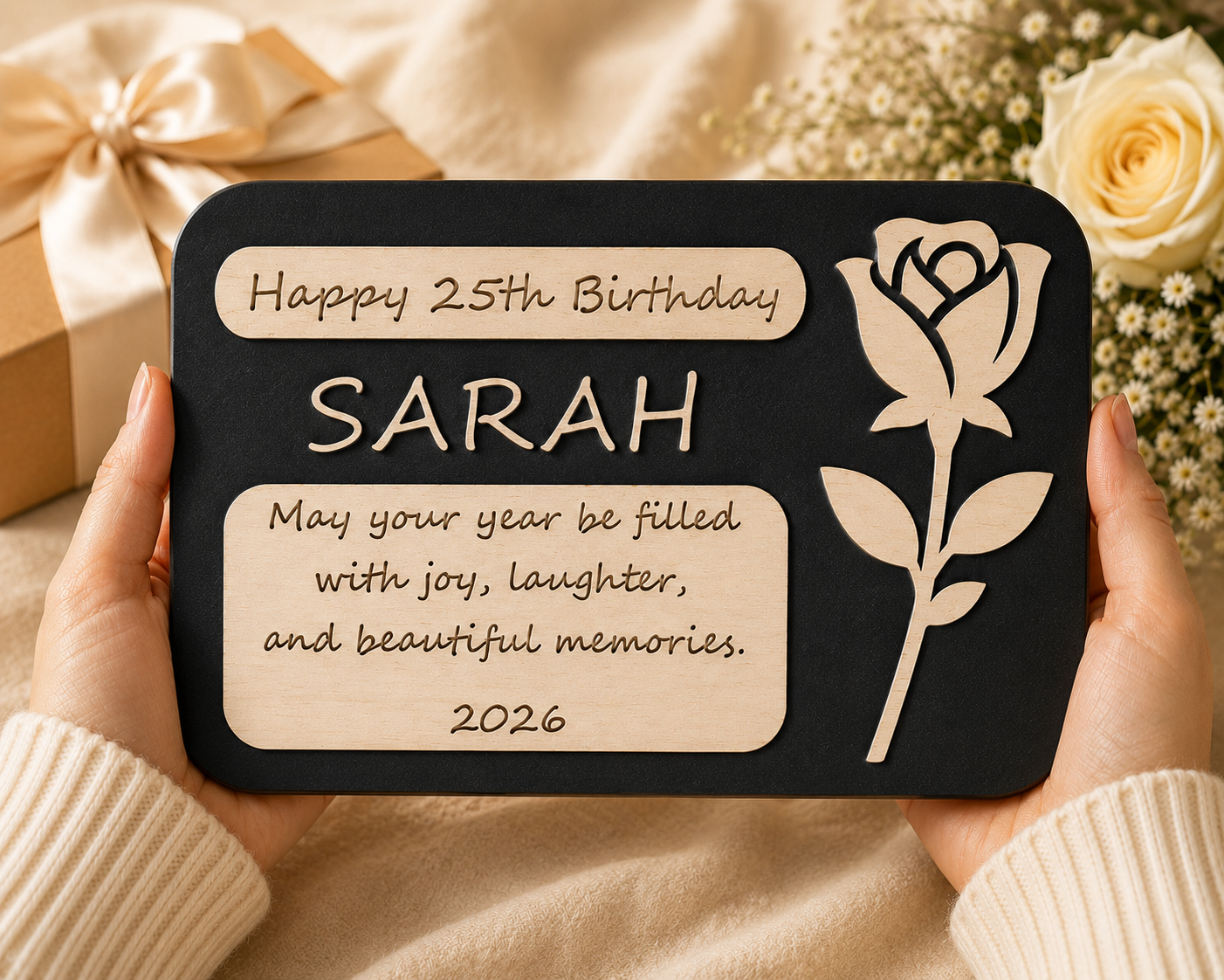 Person holding a handcrafted Birthday Rose Plaque featuring a personalized name, engraved birthday message, elegant rose design, and layered premium wood craftsmanship.