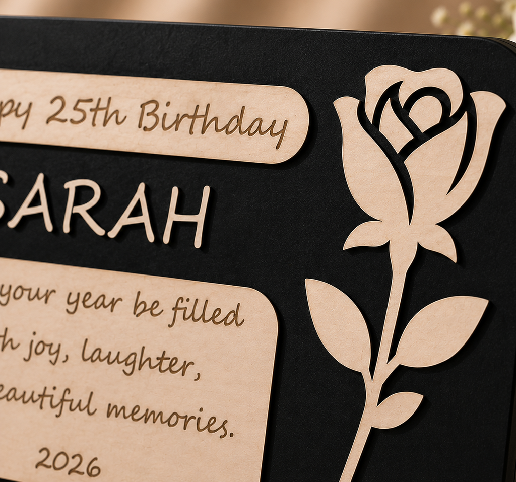 Close-up of the layered wooden rose detail on a personalized Birthday Rose Plaque, showcasing premium laser-cut craftsmanship and natural wood finish.