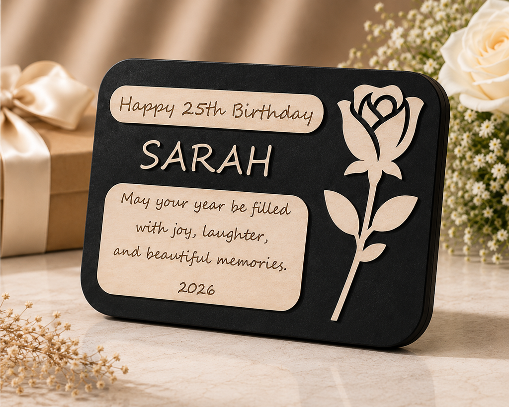 Personalized Birthday Rose Plaque with custom name, engraved birthday message, elegant rose design, and layered handcrafted wooden finish shown at an angled view.