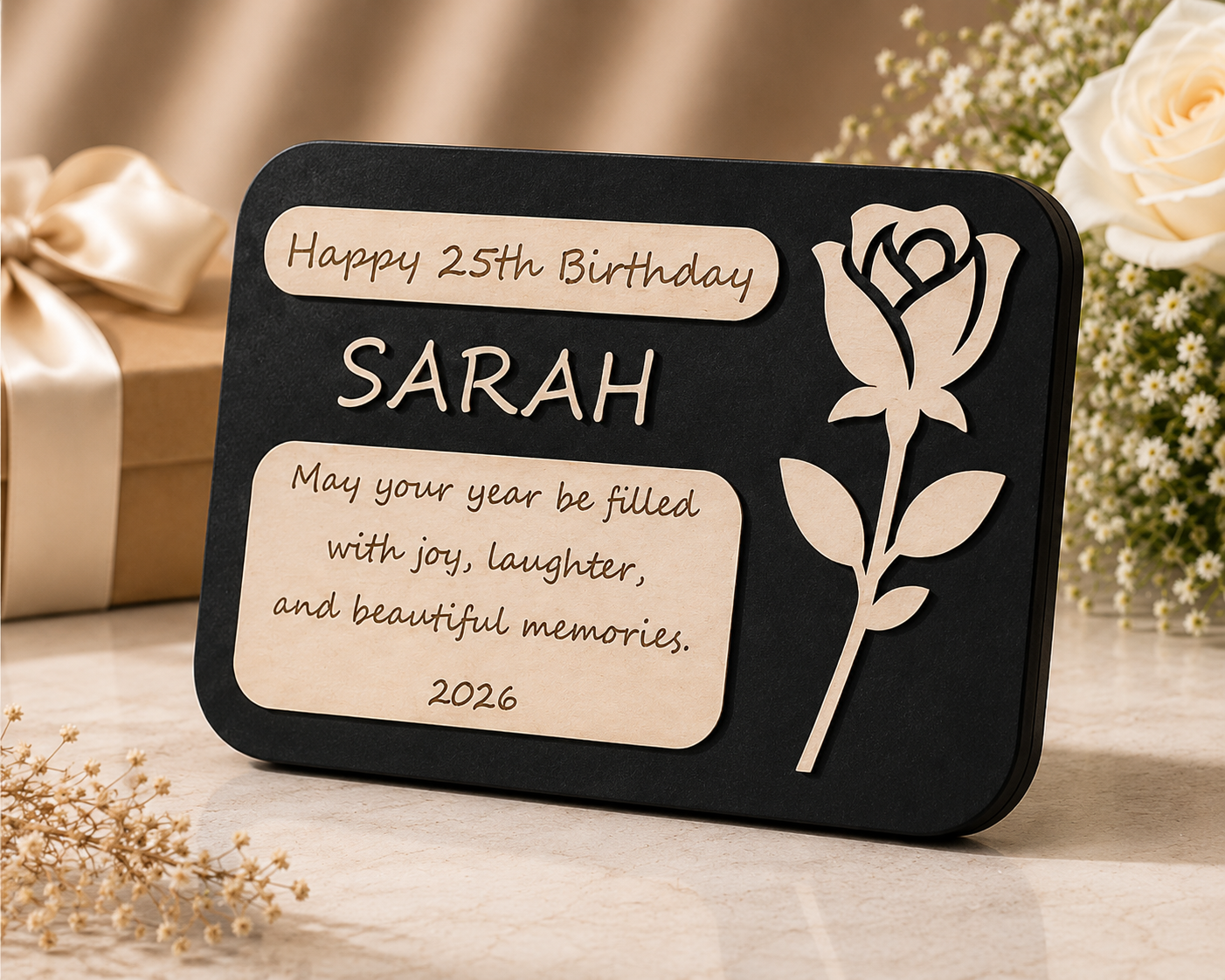 Personalized Birthday Rose Plaque with custom name, engraved birthday message, elegant rose design, and layered handcrafted wooden finish shown at an angled view.