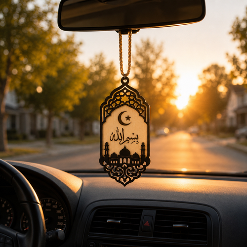 Handcrafted Bismillah Car Charm hanging from a car's center mirror featuring elegant Islamic calligraphy, crescent moon, and mosque silhouette.