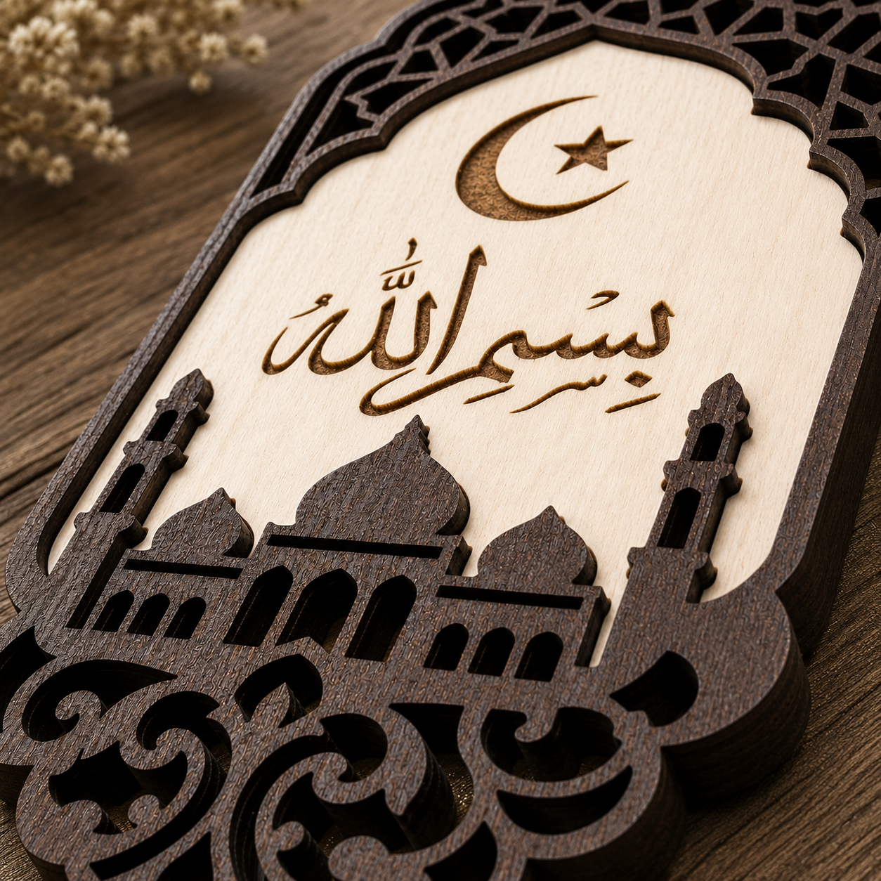 Close-up of the handcrafted Bismillah Car Charm showcasing premium laser-cut wood, layered construction, Islamic calligraphy, and detailed mosque design.