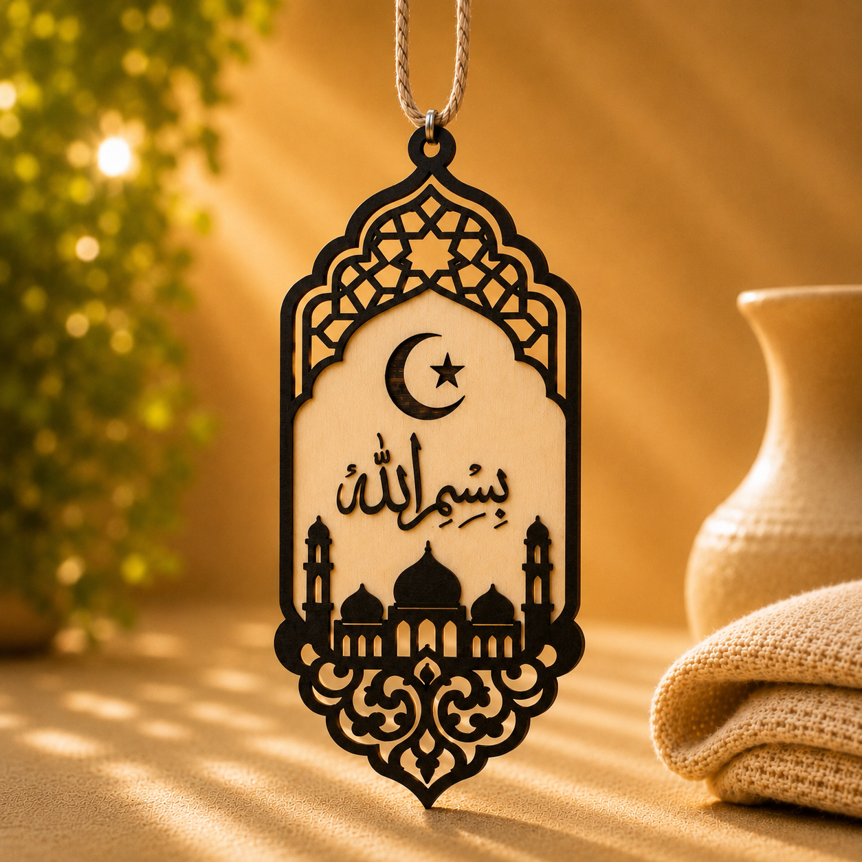 Handcrafted wooden Bismillah Car Charm with intricate Islamic calligraphy, crescent moon, and mosque silhouette for a car's center mirror.