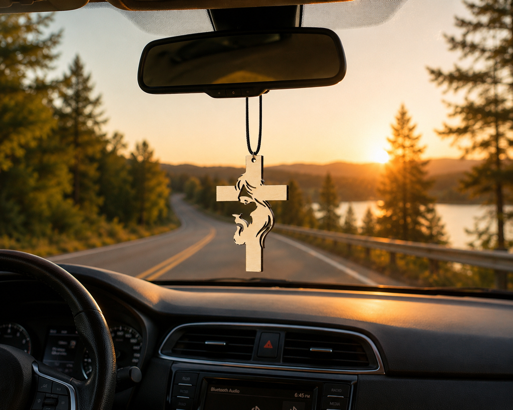 Wooden Cross Car Charm hanging from a car's center mirror, adding a meaningful Christian symbol of faith to every journey.