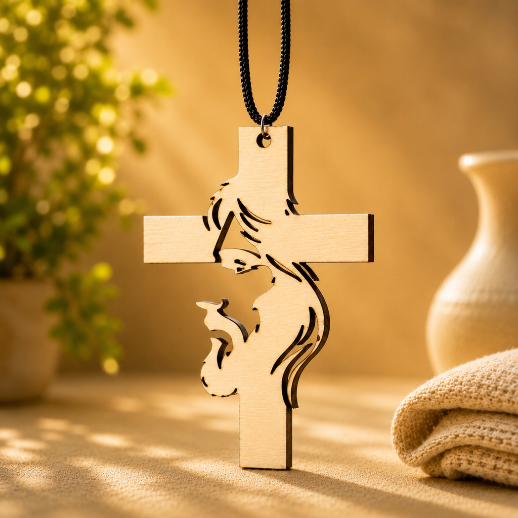 Handcrafted wooden Cross Car Charm featuring a silhouette of Jesus in prayer, designed as a Christian center mirror hanging for cars.