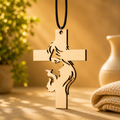 Handcrafted wooden Cross Car Charm featuring a silhouette of Jesus in prayer, designed as a Christian center mirror hanging for cars.