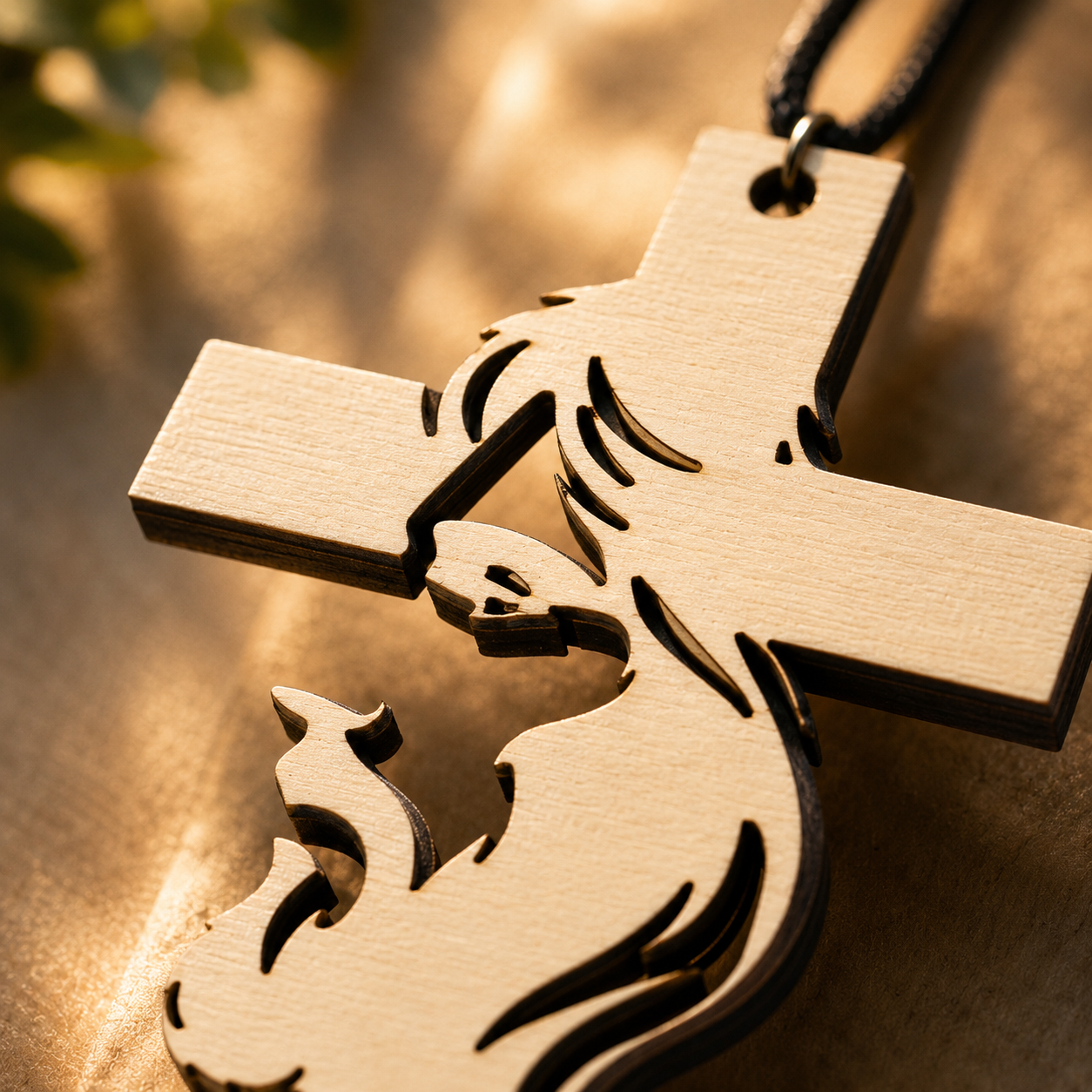 Close-up of the handcrafted Cross Car Charm showcasing premium laser-cut wood, layered construction, and intricate Christian design.