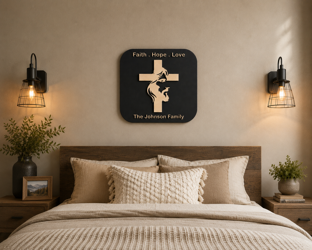 Cross of Faith Plaque displayed above a bed featuring a cross with the silhouette of Jesus Christ, personalized family name, and handcrafted layered wood craftsmanship.