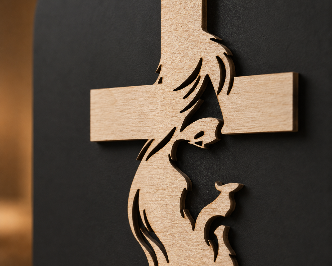 Macro close-up of the Cross of Faith Plaque showcasing the layered wooden cross, Jesus Christ silhouette, and precision laser-cut craftsmanship.