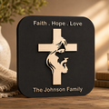 Handcrafted Cross of Faith Plaque featuring a cross with the silhouette of Jesus Christ, personalized family name, and layered premium wood craftsmanship.