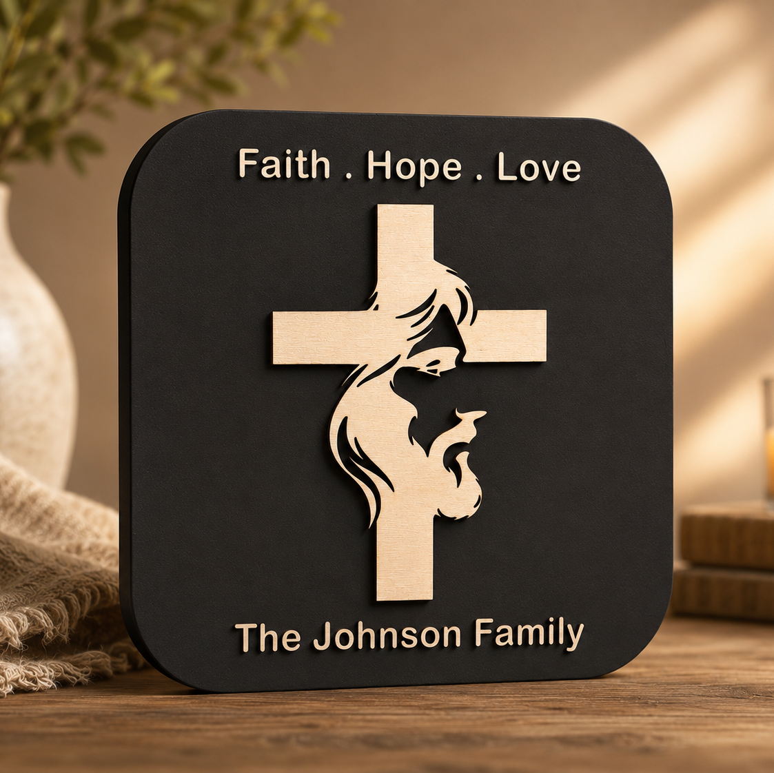 Handcrafted Cross of Faith Plaque featuring a cross with the silhouette of Jesus Christ, personalized family name, and layered premium wood craftsmanship.