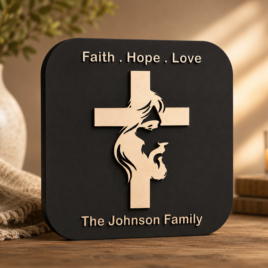Handcrafted Cross of Faith Plaque featuring a cross with the silhouette of Jesus Christ, personalized family name, and layered premium wood craftsmanship.