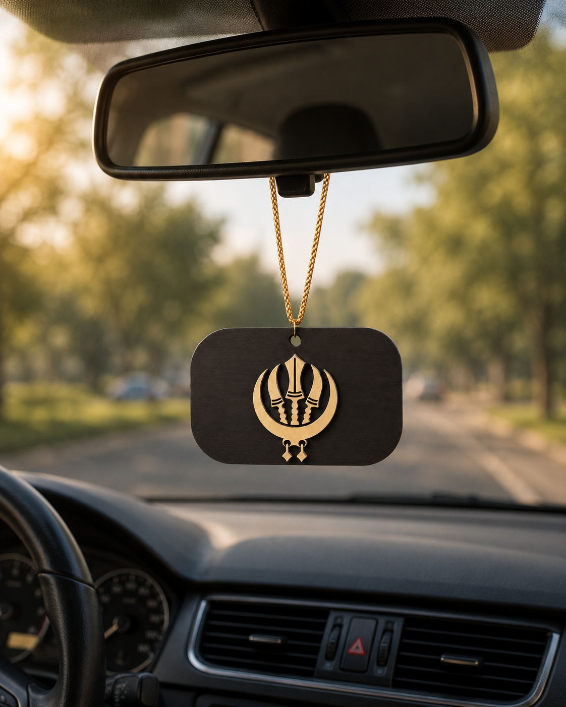 Back of the handcrafted Gurbani Car Charm hanging from a car rear-view mirror, featuring a traditional Chand Tora inspired Sikh symbol in a premium layered wooden design.