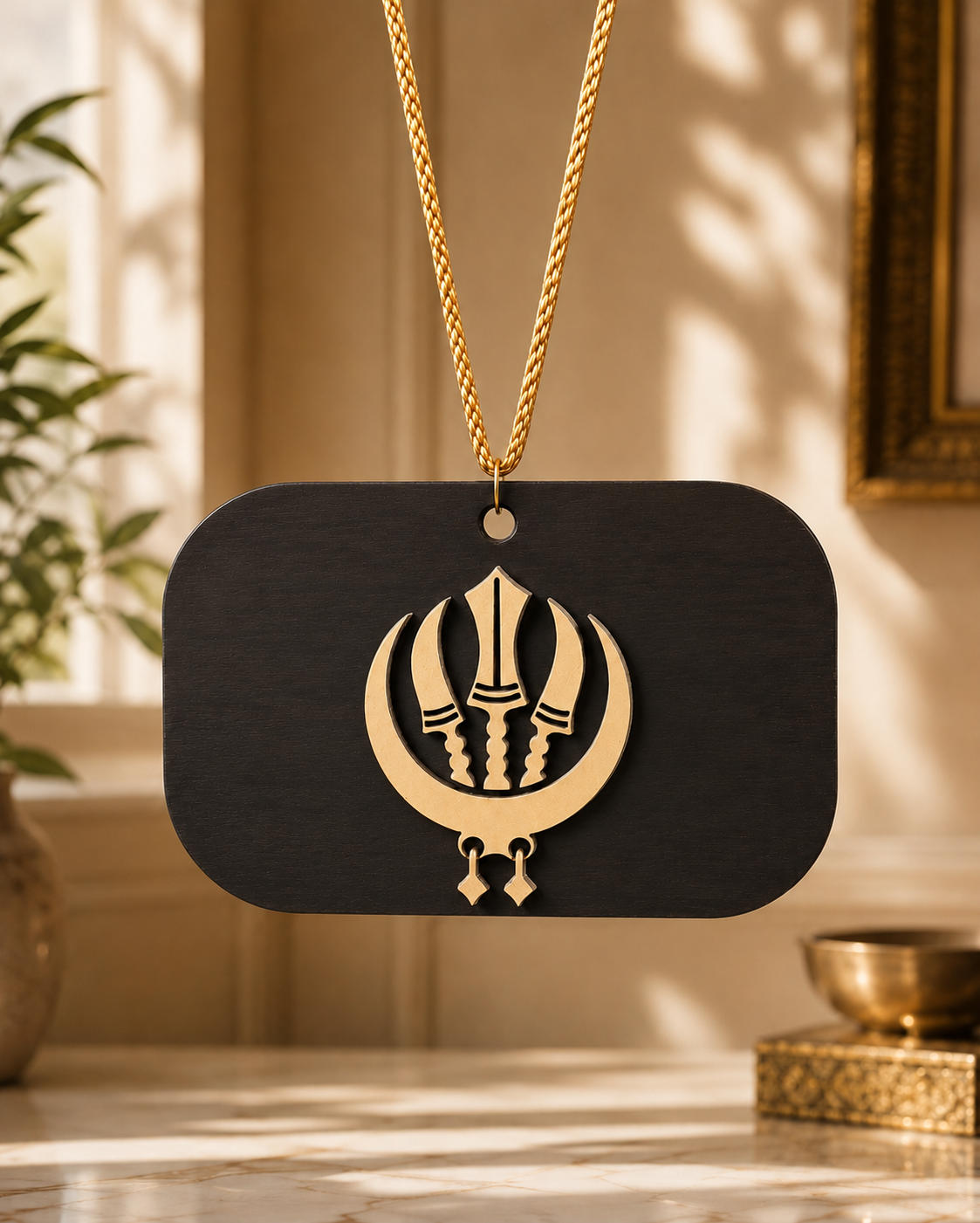 Back of the handcrafted Gurbani Car Charm featuring a traditional Chand Tora inspired Sikh symbol, premium layered wood design, and rear-view mirror hanging.