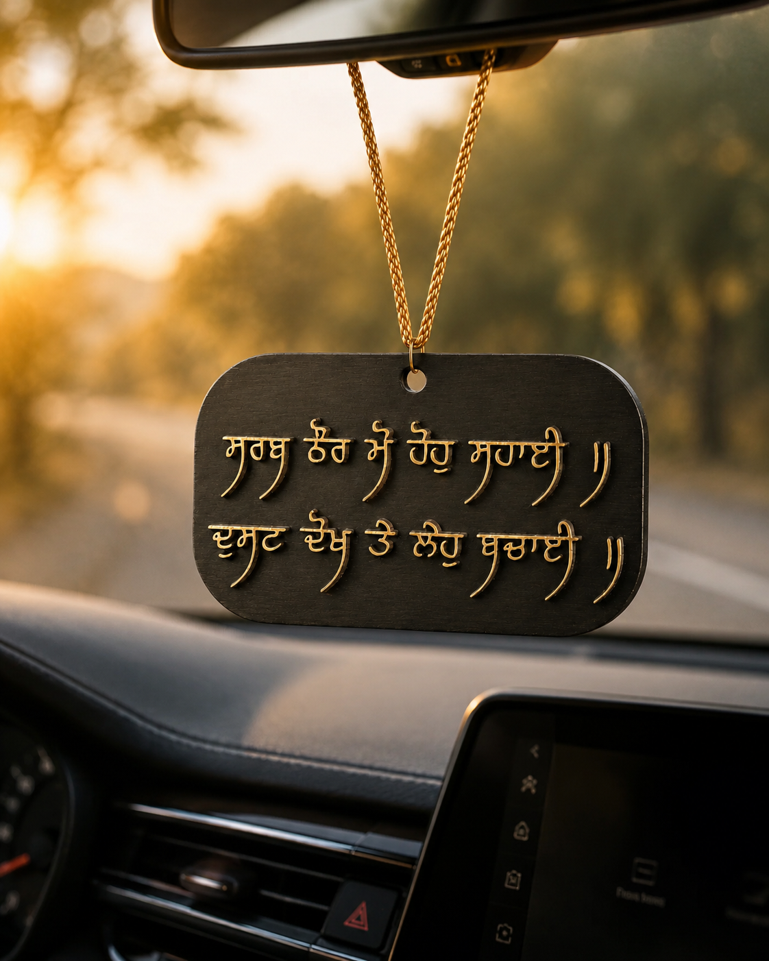 Handcrafted Gurbani Car Charm hanging from a car rear-view mirror, featuring sacred Sikh Gurbani script in a premium layered wooden design.