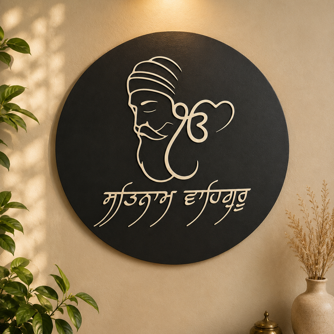 Ik Onkar Plaque handcrafted from layered premium wood featuring Guru Nanak Dev Ji artwork and Gurmukhi script for Sikh home décor.