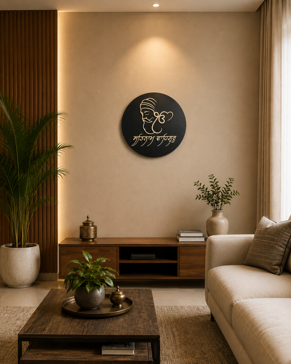 Ik Onkar Plaque displayed as elegant Sikh wall décor in a modern living room, handcrafted from layered premium wood.