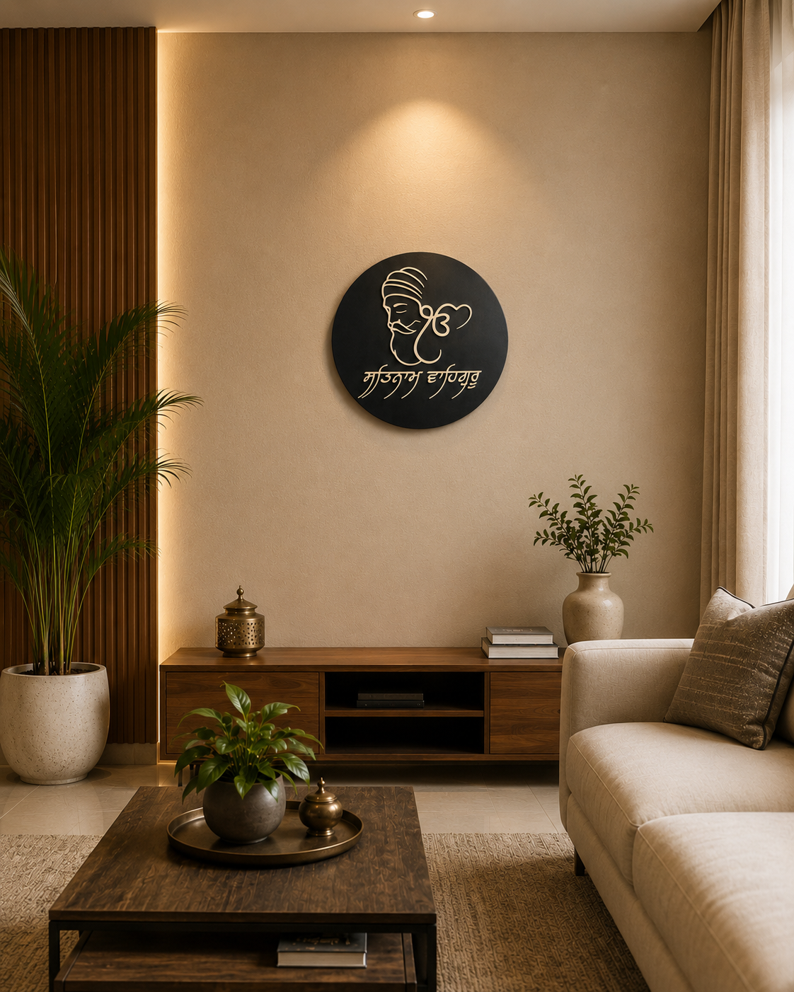 Ik Onkar Plaque displayed as elegant Sikh wall décor in a modern living room, handcrafted from layered premium wood.