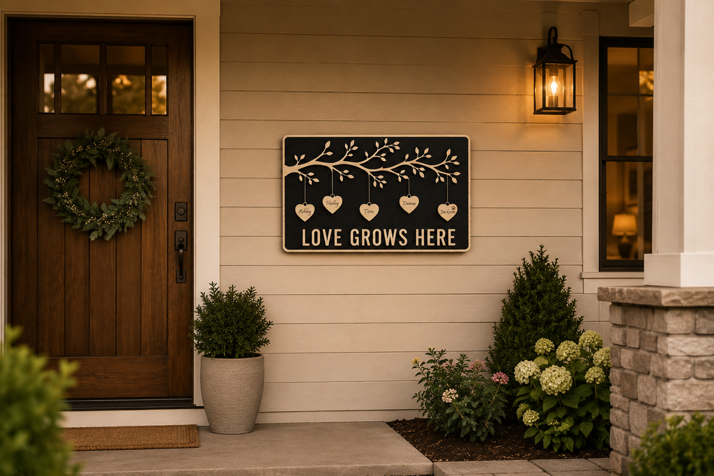 Love Grows Here Plaque displayed on a front porch wall featuring personalized hanging hearts, a family tree design, and handcrafted layered wood craftsmanship.