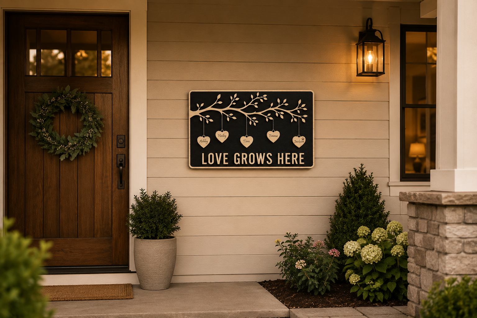Love Grows Here Plaque displayed on a front porch wall featuring personalized hanging hearts, a family tree design, and handcrafted layered wood craftsmanship.