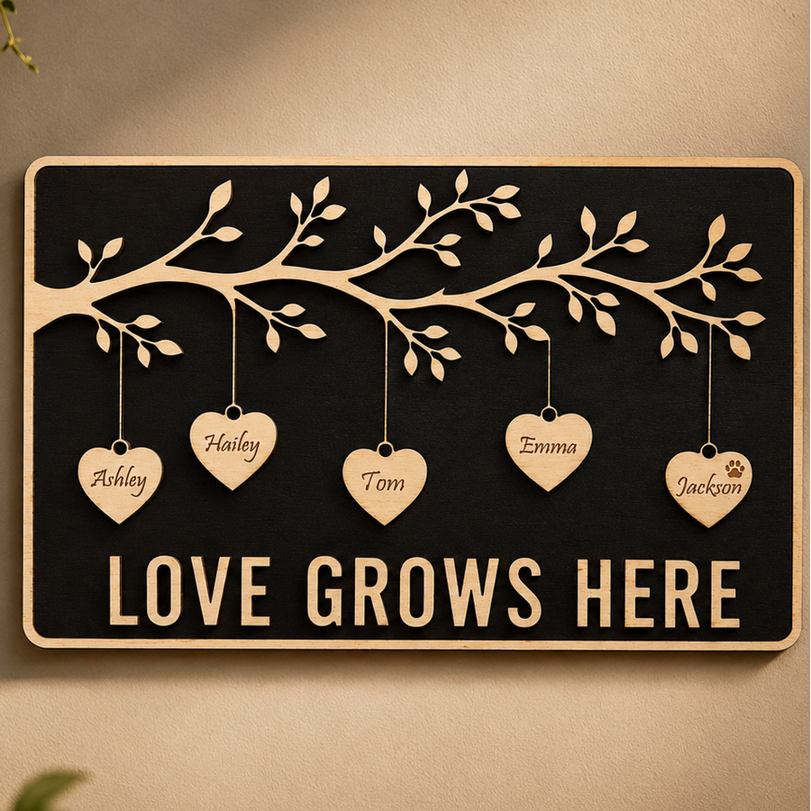Handcrafted Love Grows Here Plaque featuring personalized hanging hearts, a family tree design, and layered premium wood craftsmanship.
