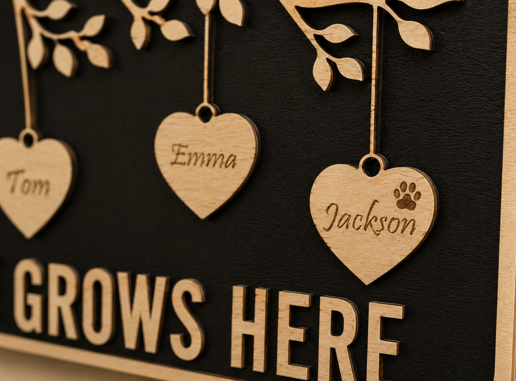 Macro close-up of the Love Grows Here Plaque showcasing personalized hanging heart ornaments, engraved names, and handcrafted layered wood craftsmanship.