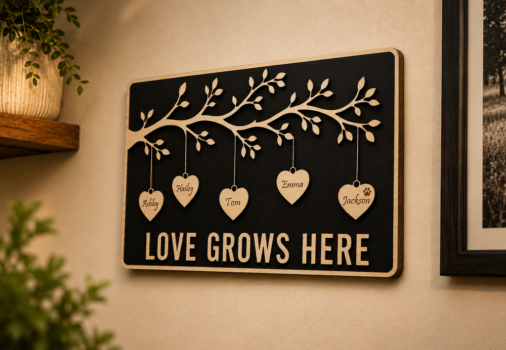 Side-angle view of the handcrafted Love Grows Here Plaque featuring personalized hanging hearts, a family tree design, and layered premium wood craftsmanship.