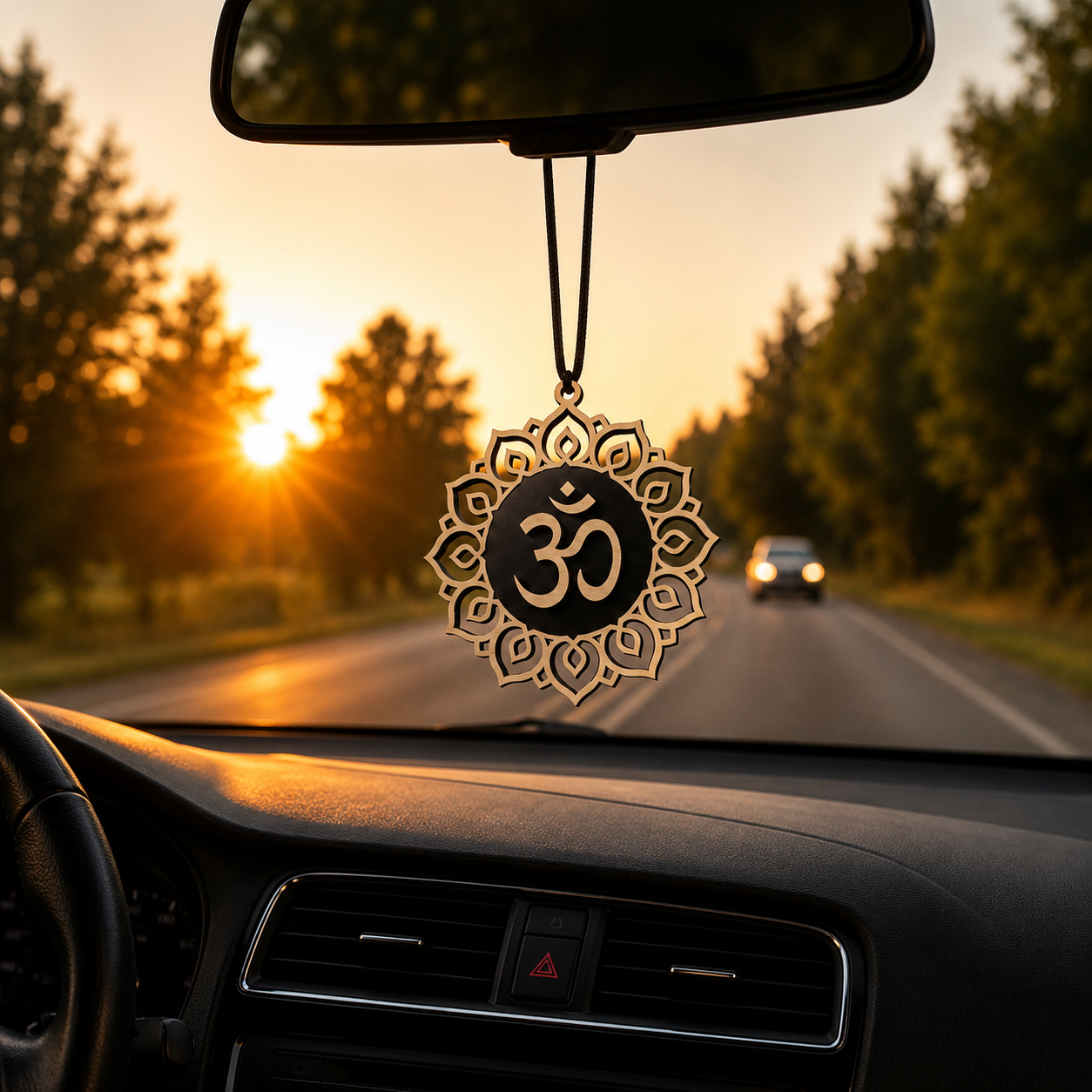 OM Car Charm hanging from a car's center mirror, handcrafted from premium wood with an elegant lotus mandala design.