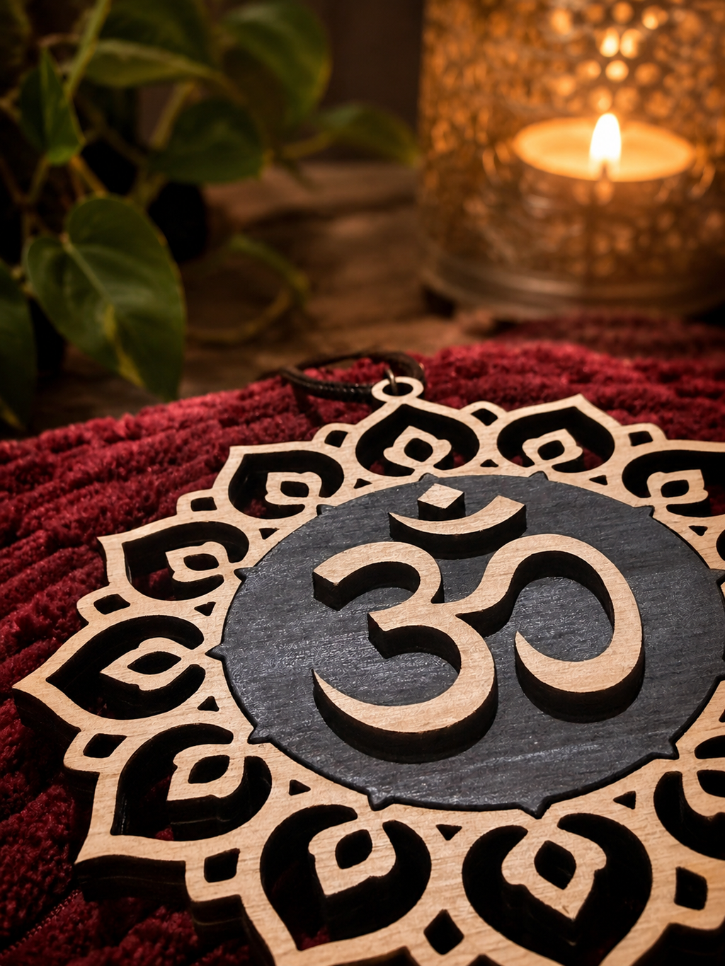 Close-up of the handcrafted OM Car Charm showcasing the layered Om symbol, lotus mandala, and premium laser-cut wooden craftsmanship.
