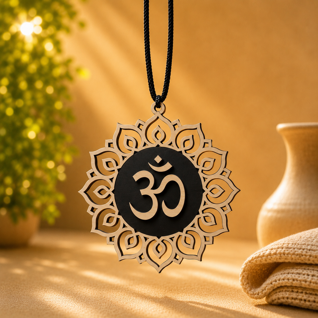 Handcrafted wooden OM Car Charm featuring a layered Om symbol and lotus mandala, designed for a car's center mirror.