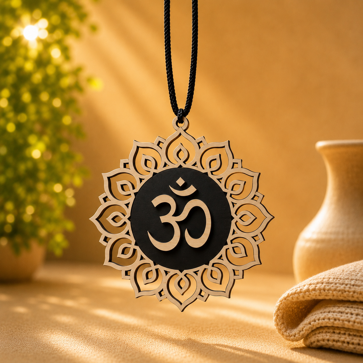 Handcrafted wooden OM Car Charm featuring a layered Om symbol and lotus mandala, designed for a car's center mirror.