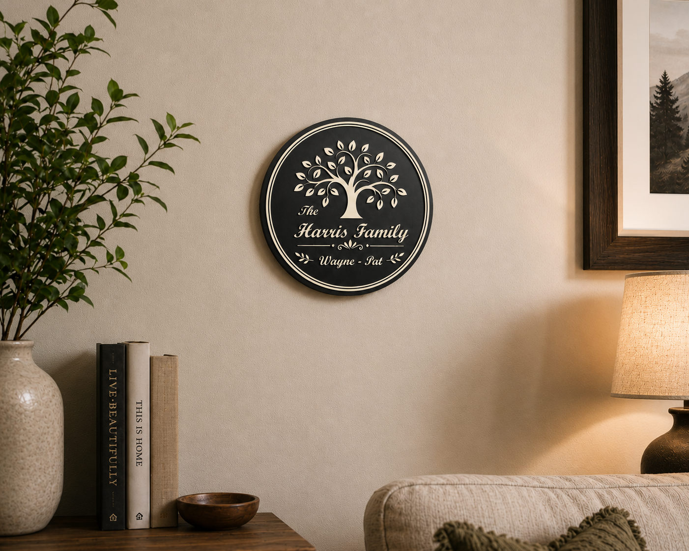 Our Family Tree Plaque displayed on a living room wall featuring a personalized family name and elegant layered wood craftsmanship.