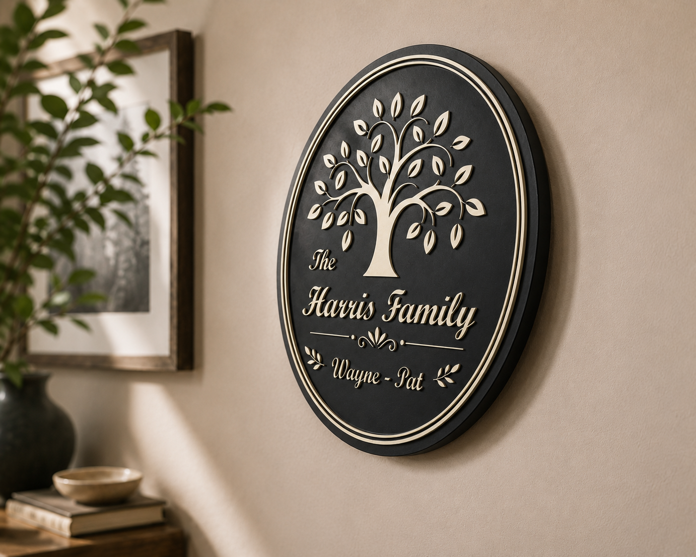 Side-angle view of the handcrafted Our Family Tree Plaque displayed on a wall, showcasing the personalized family name, layered wood design, and premium craftsmanship.