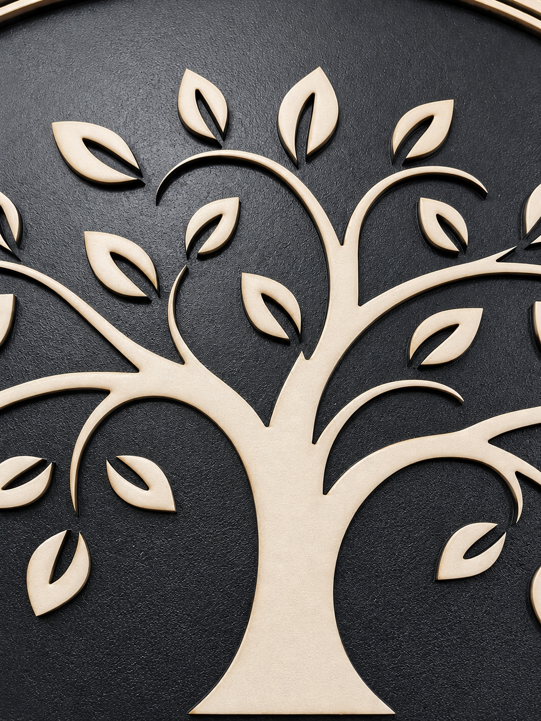 Macro close-up of the handcrafted Our Family Tree Plaque showcasing the layered tree design, premium wood grain, and precision laser-cut craftsmanship.