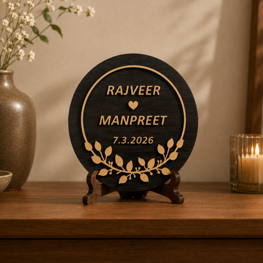 Custom wooden Personalized Wedding Wreath featuring engraved names and wedding date displayed as an elegant wedding keepsake.