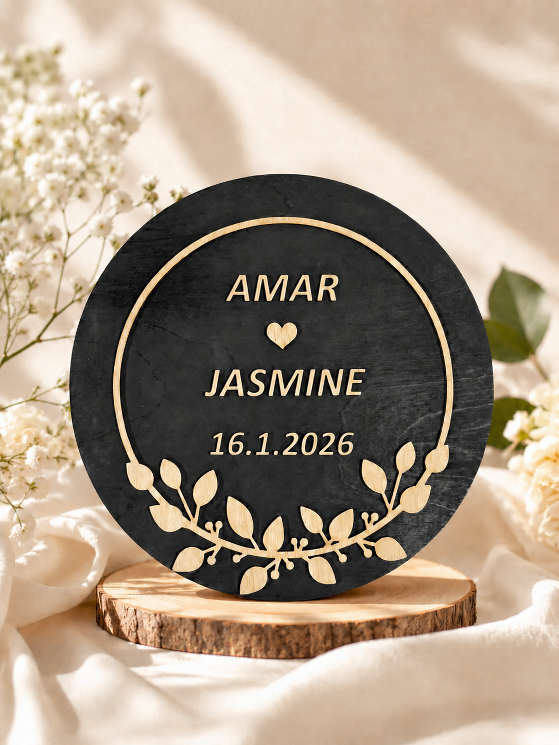 Personalized Wedding Wreath displayed on a wooden stand with soft floral décor, featuring custom names, wedding date, and layered premium wood craftsmanship.