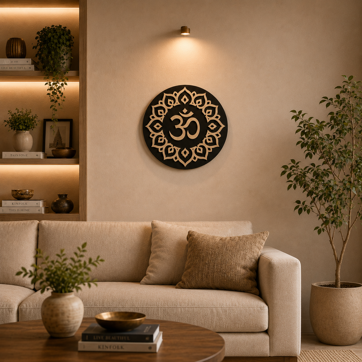 Sacred OM Mandala wooden wall art displayed in a modern living room, handcrafted from layered wood with a premium black and natural wood finish.