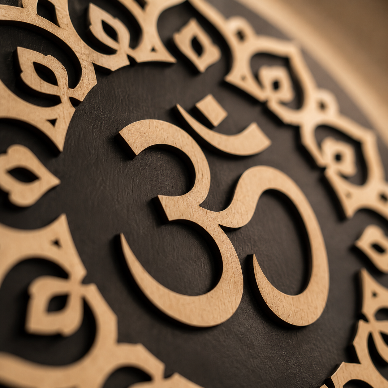 Macro close-up of the Sacred OM Mandala showcasing the layered OM symbol, intricate mandala details, and handcrafted premium wooden craftsmanship.