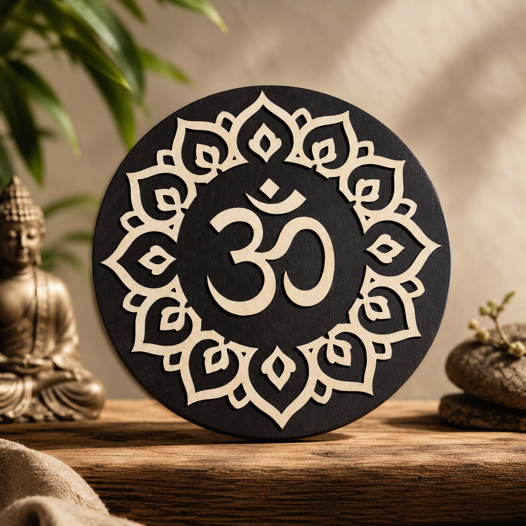 Sacred OM Mandala wooden wall art displayed on a tabletop beside a Buddha statue, handcrafted from layered wood with a premium black and natural wood finish.
