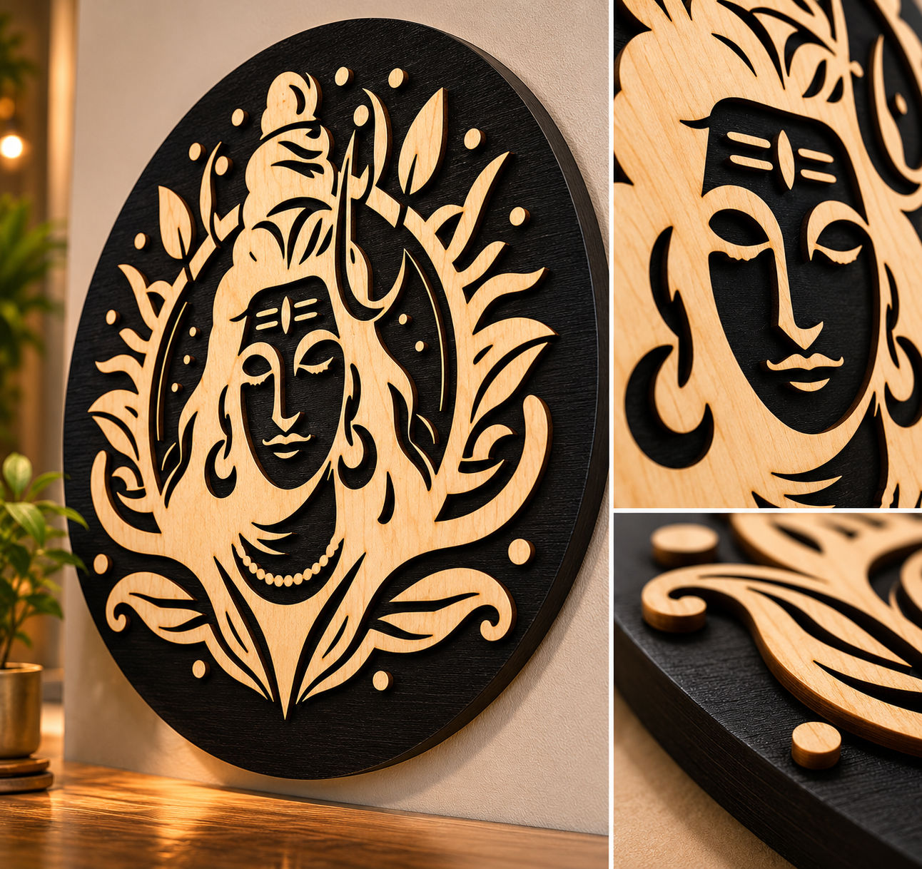 Close-up of the handcrafted Shiva Serenity Plaque showcasing layered premium wood, intricate Lord Shiva artwork, and precision laser-cut details.