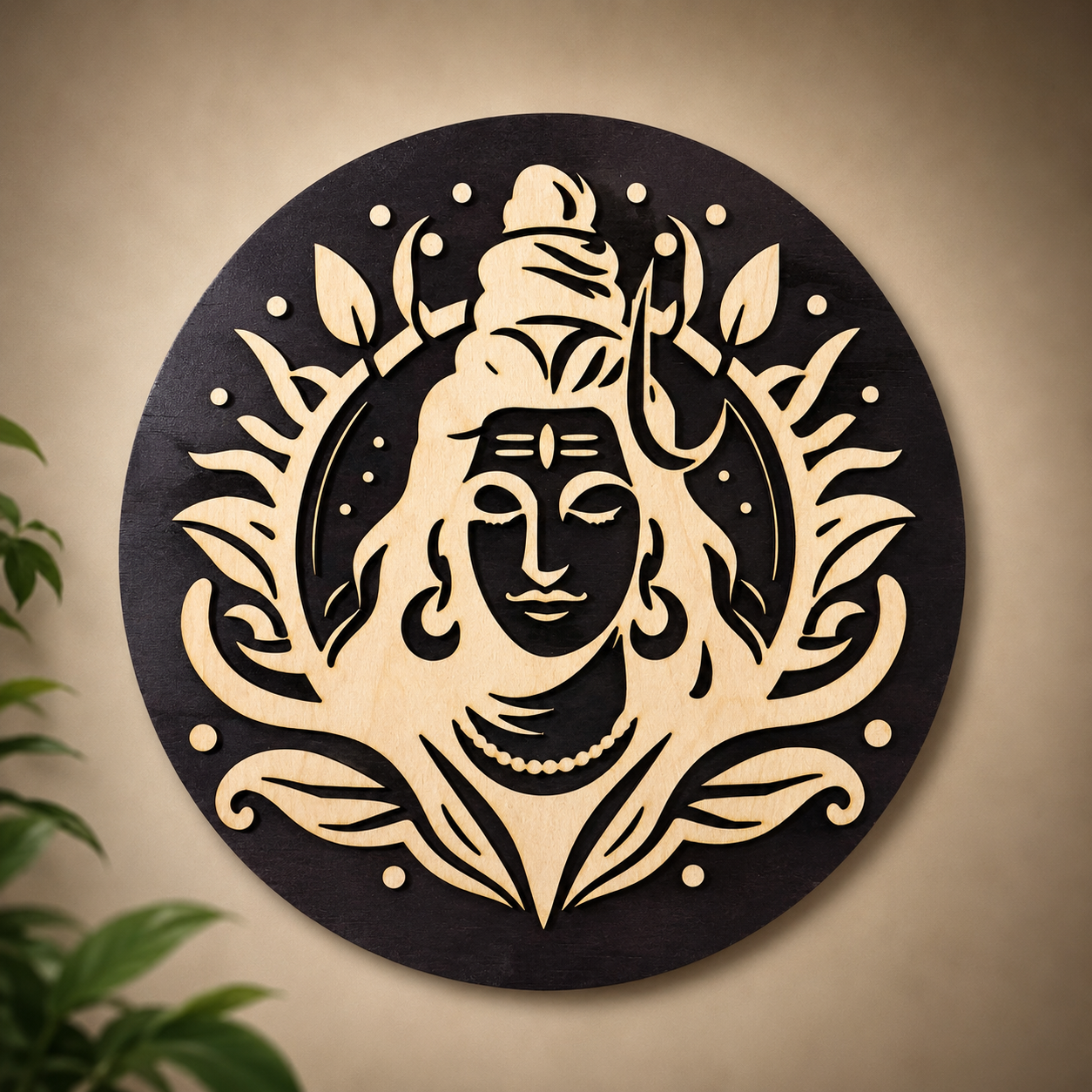 Handcrafted Shiva Serenity Plaque featuring a layered wooden Lord Shiva design displayed as elegant wall décor.