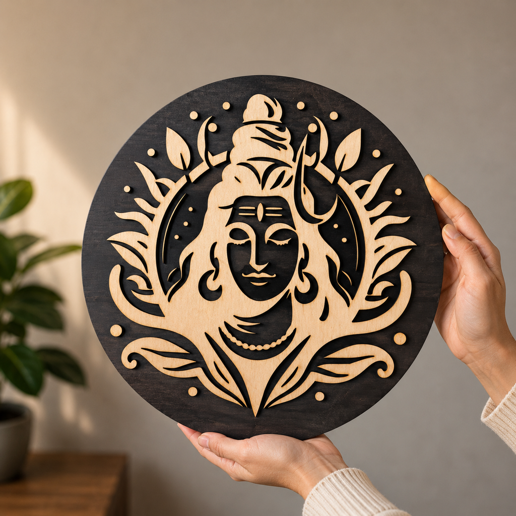 Hands holding the handcrafted Shiva Serenity Plaque made from layered premium wood featuring an elegant Lord Shiva design.