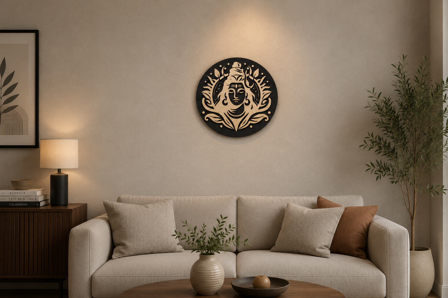 Shiva Serenity Plaque displayed as handcrafted wooden wall décor in a modern living room.