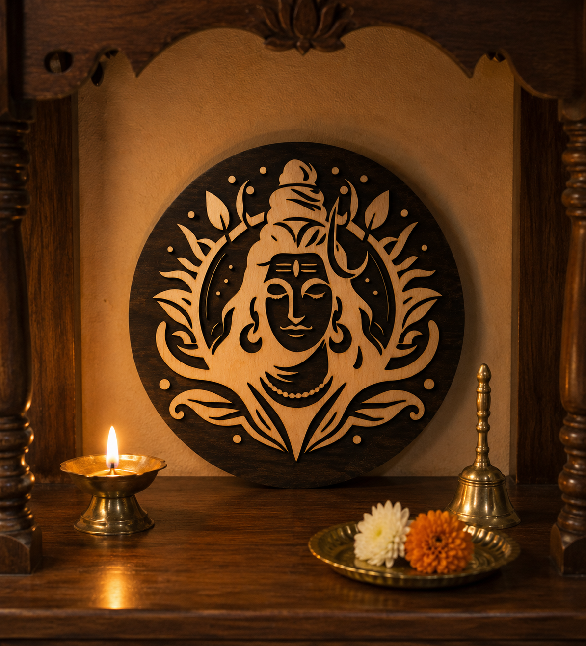 Shiva Serenity Plaque displayed in a traditional pooja room with a lit diya, showcasing handcrafted layered wooden Lord Shiva artwork.